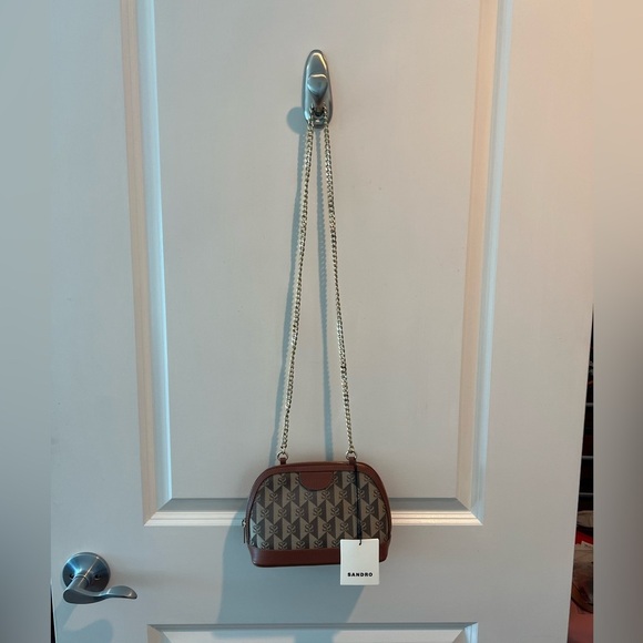 NWT Sandro Marron Brown Small Canvas Leather Logo Chain Strap Crossbody Bag - Picture 3 of 16